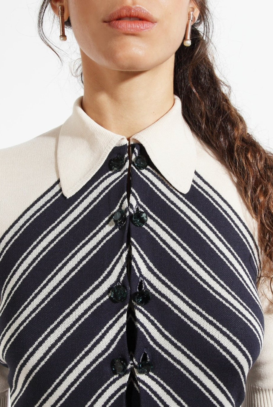 Combelle Colbert Dress front upper body showing chevron V-stripe meeting at the neckline