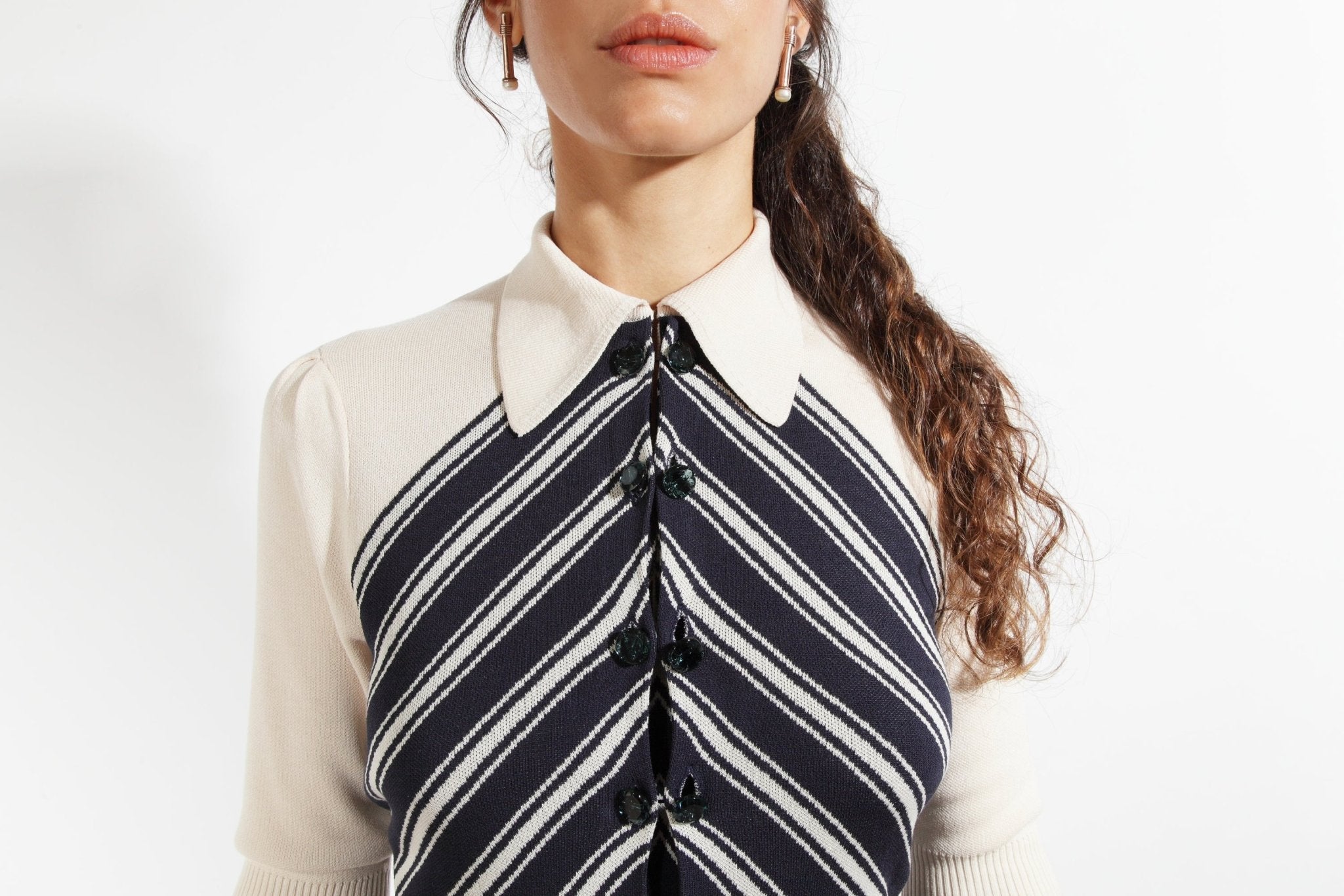 Combelle Colbert Dress front upper body showing chevron V-stripe meeting at the neckline