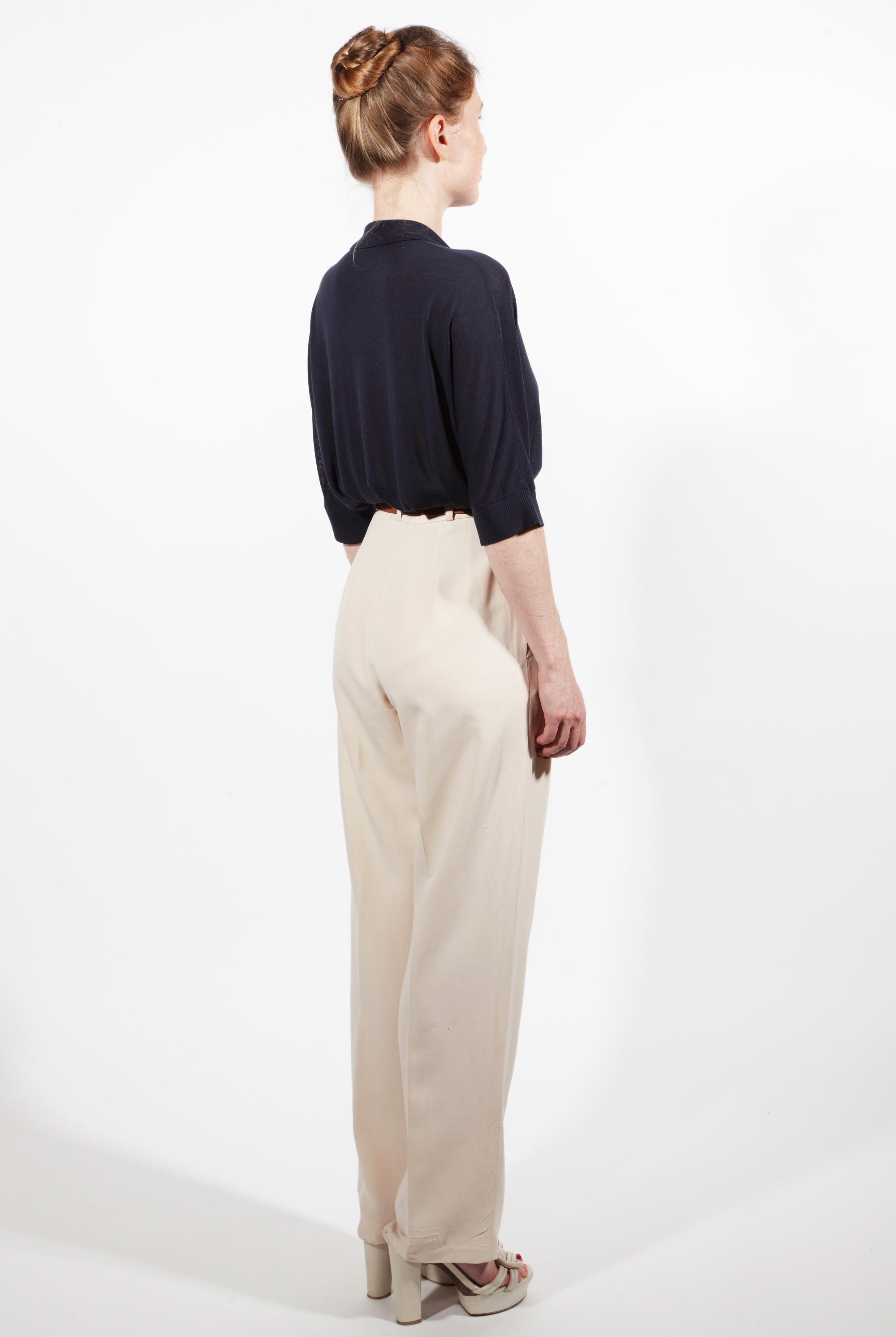 Combelle Eton Blouse navy full-length three-quarter back view with cream trousers