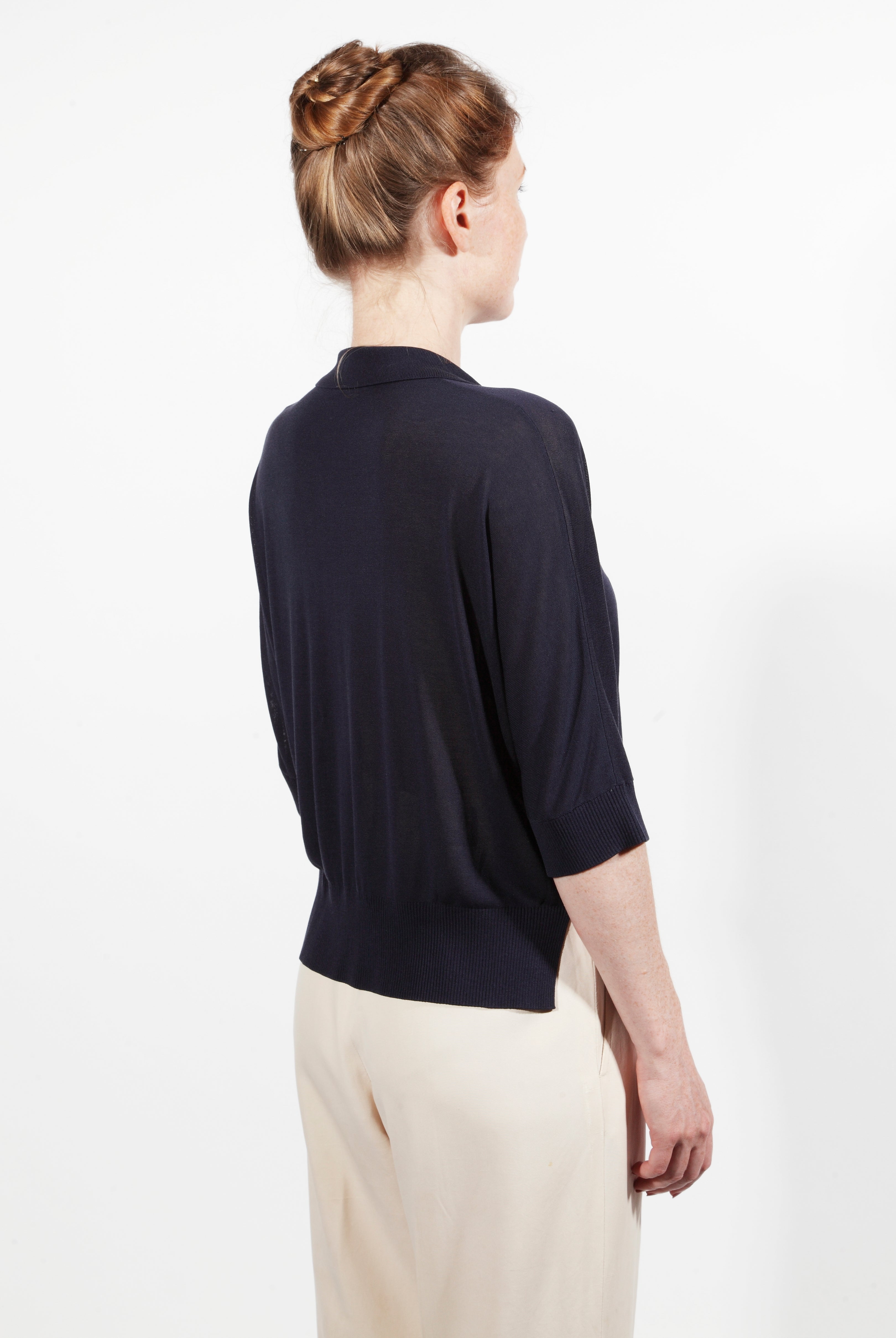 Combelle Eton Blouse navy upper back at three-quarter angle