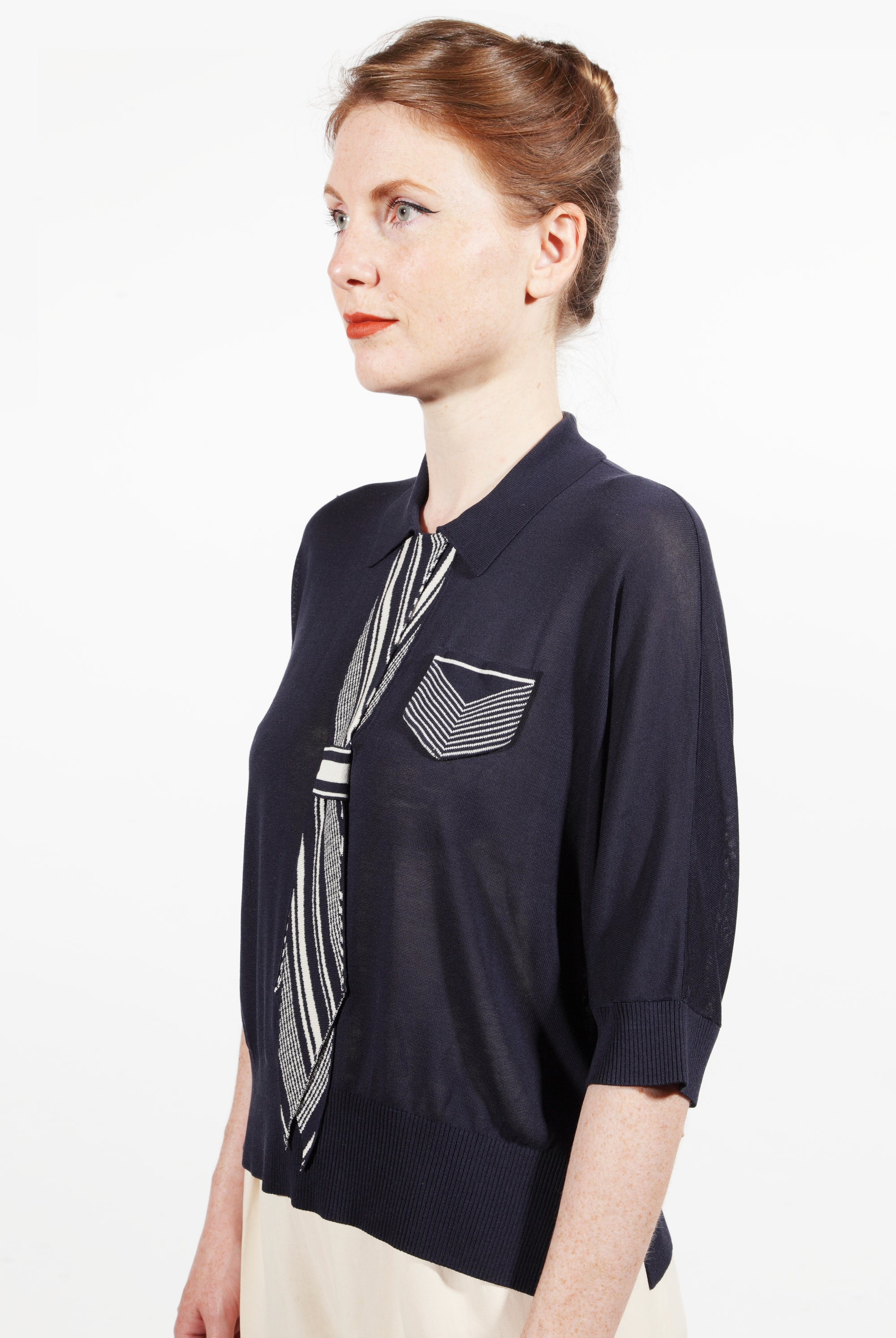 Combelle Eton Blouse navy upper body three-quarter view showing pocket detail