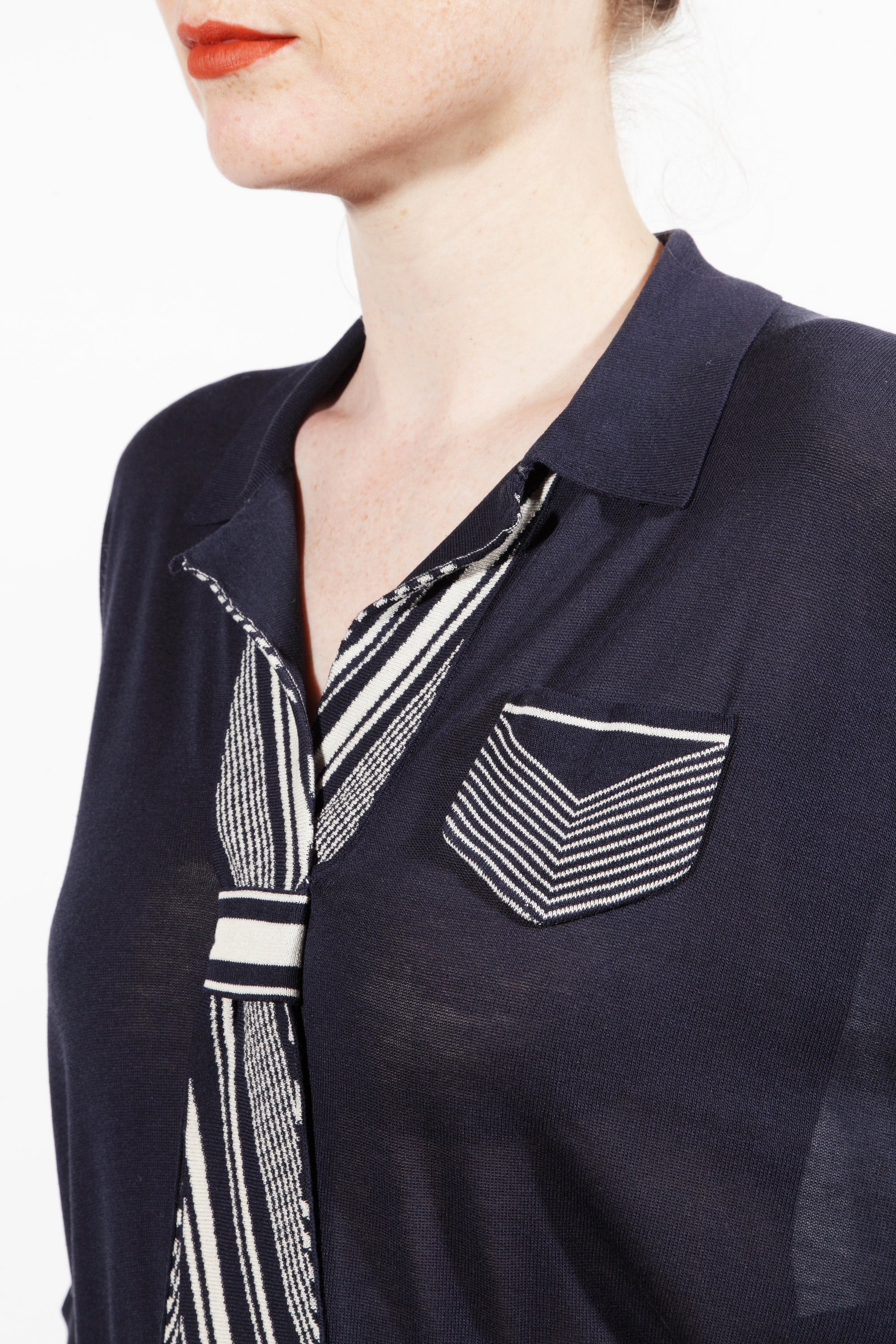 Combelle Eton Blouse navy upper body three-quarter view showing tie detail at neckline