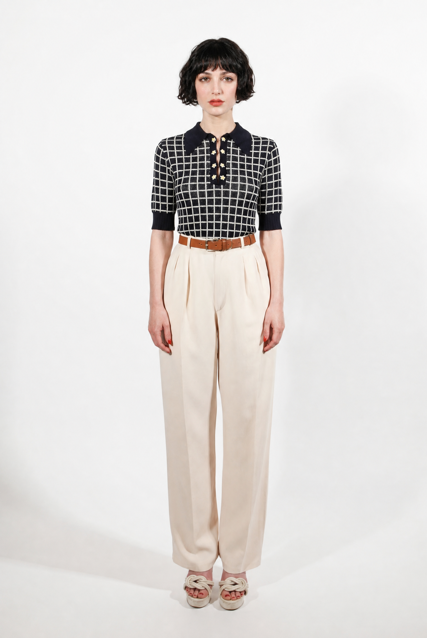 Combelle Madison Top in navy, full length front view showing the boxy adherent fit and check pattern, worn with cream wide-leg trousers