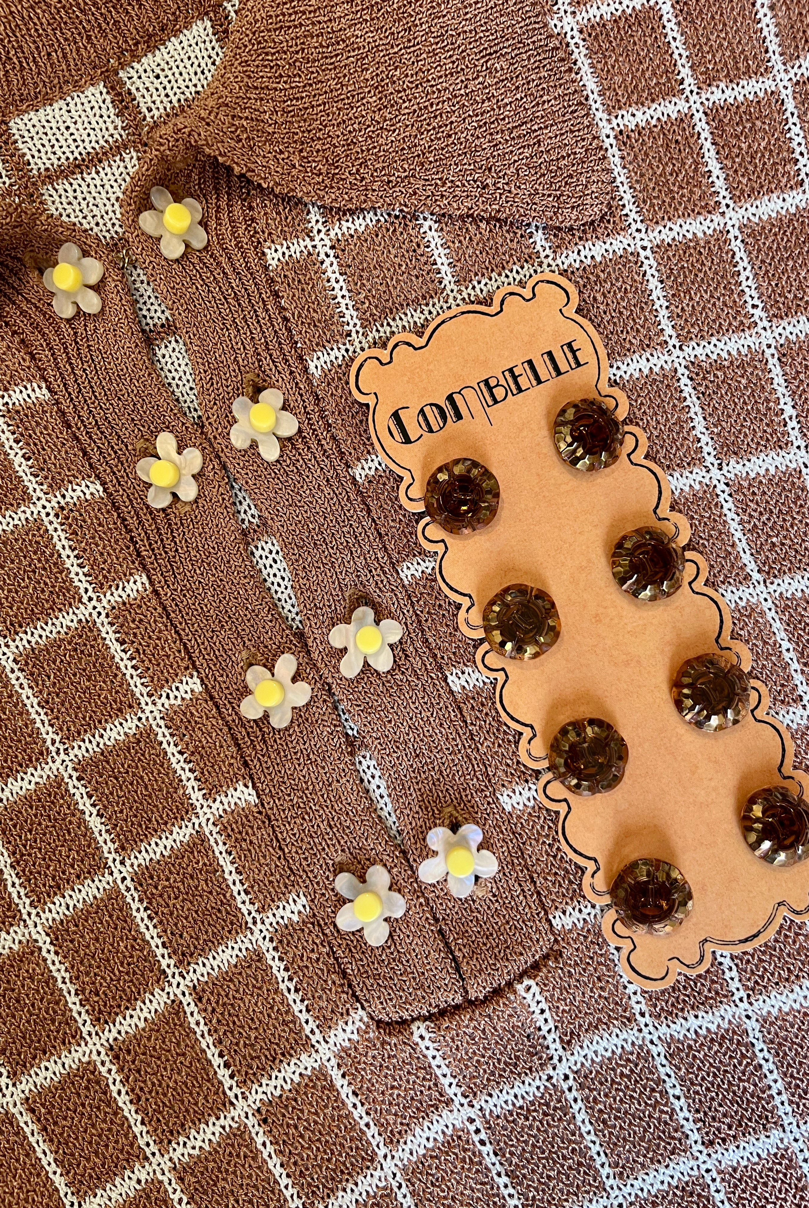 Combelle Madison Top tobacco colourway with both interchangeable button sets — daisy chain cufflink buttons for day and hand-painted artisan glass buttons for evening