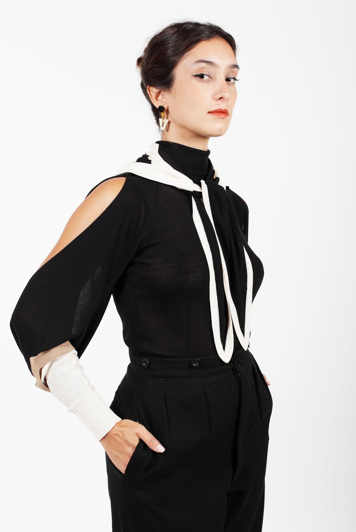 Combelle Elsa Top in black styled with the Frida Foulard, front view showing the graphic impact of the combined look