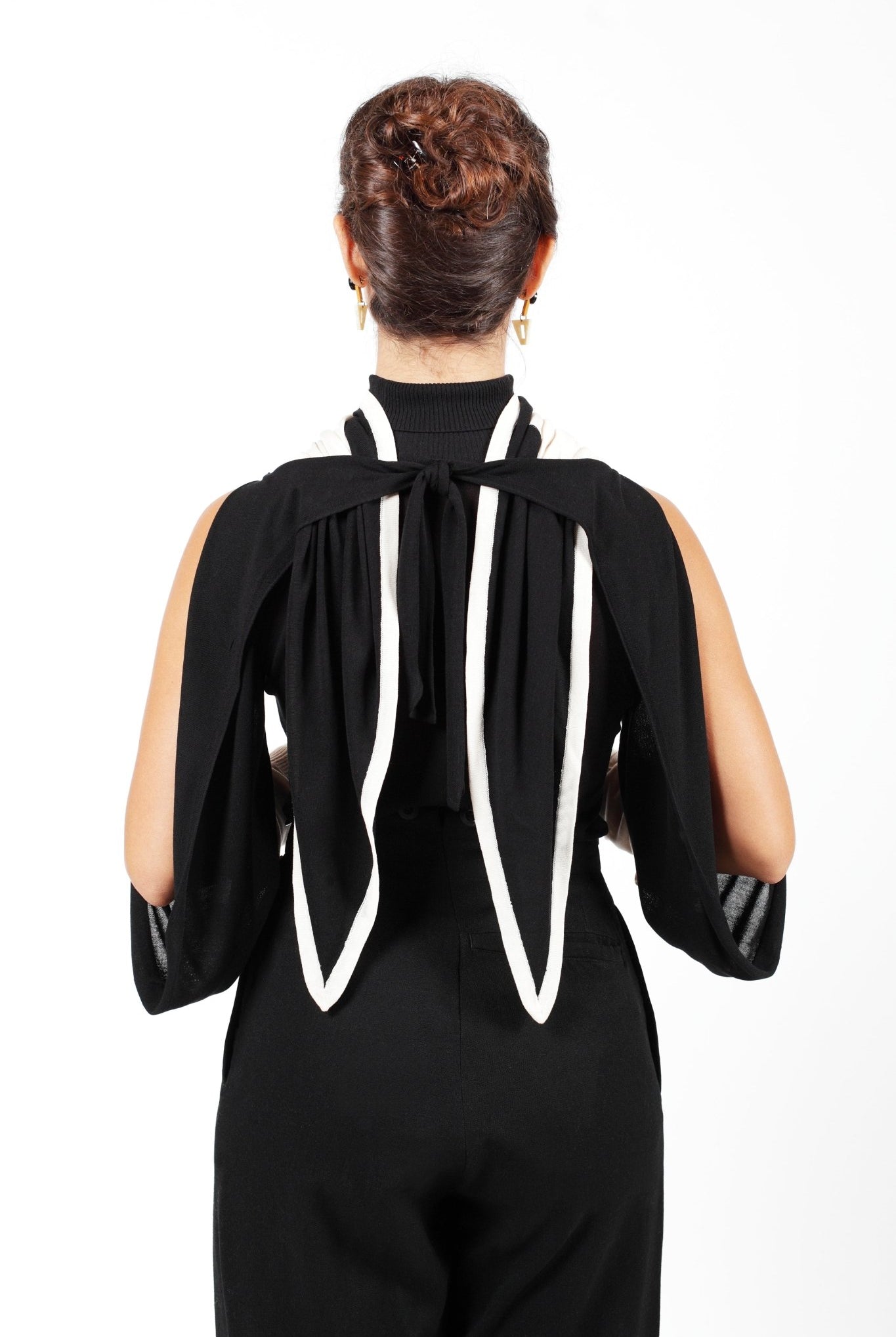 Combelle Elsa Top in black, combined with the Frida foulard rear view showing the dramatic open sleeve construction and collar ties arranged for evening styling
