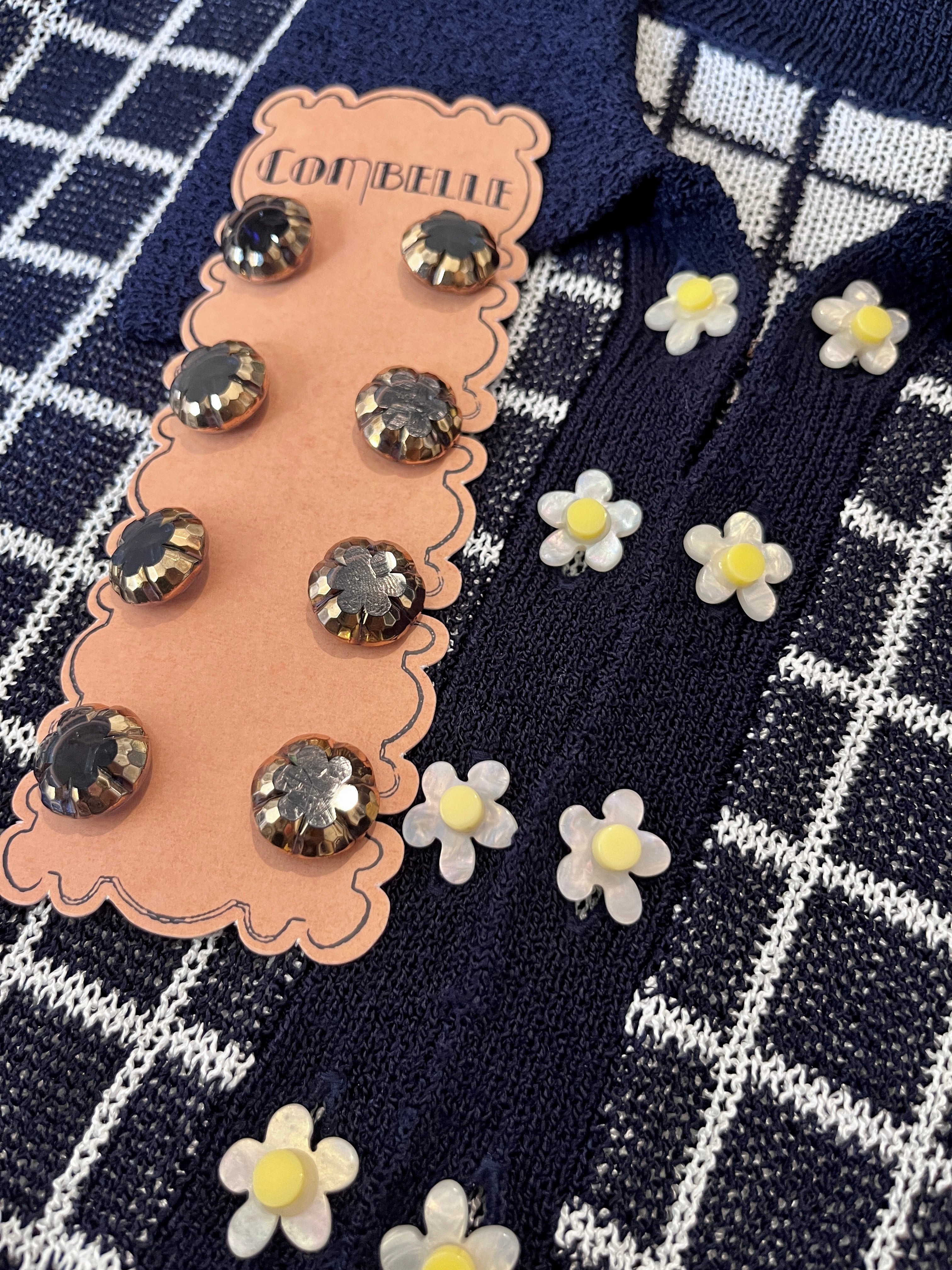 Combelle Madison Top navy colourway with both interchangeable button sets — daisy chain cufflink buttons for day and hand-painted artisan glass buttons for evening
