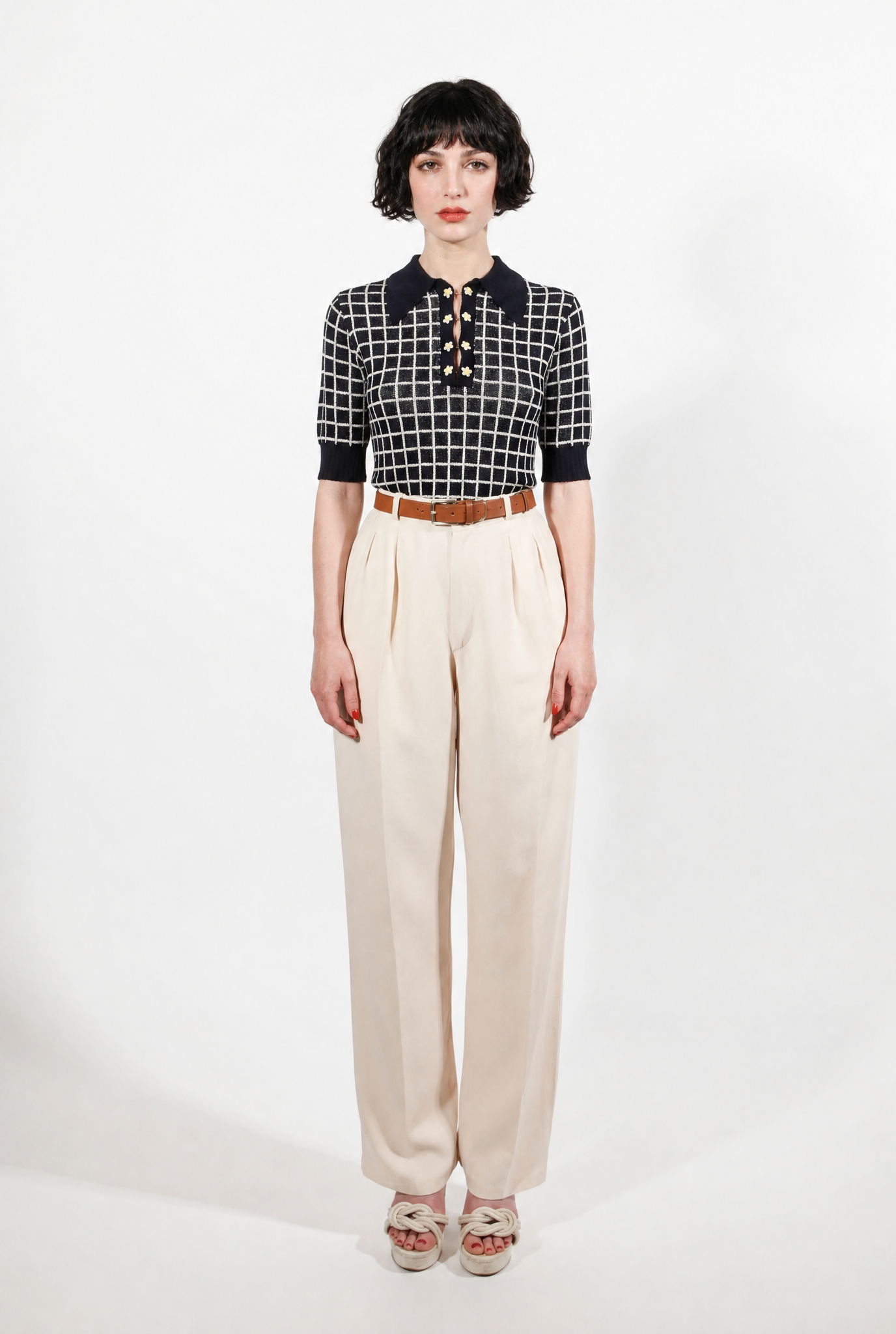 Combelle Madison Top in navy, full length front view showing the boxy adherent fit and check pattern, worn with cream wide-leg trousers