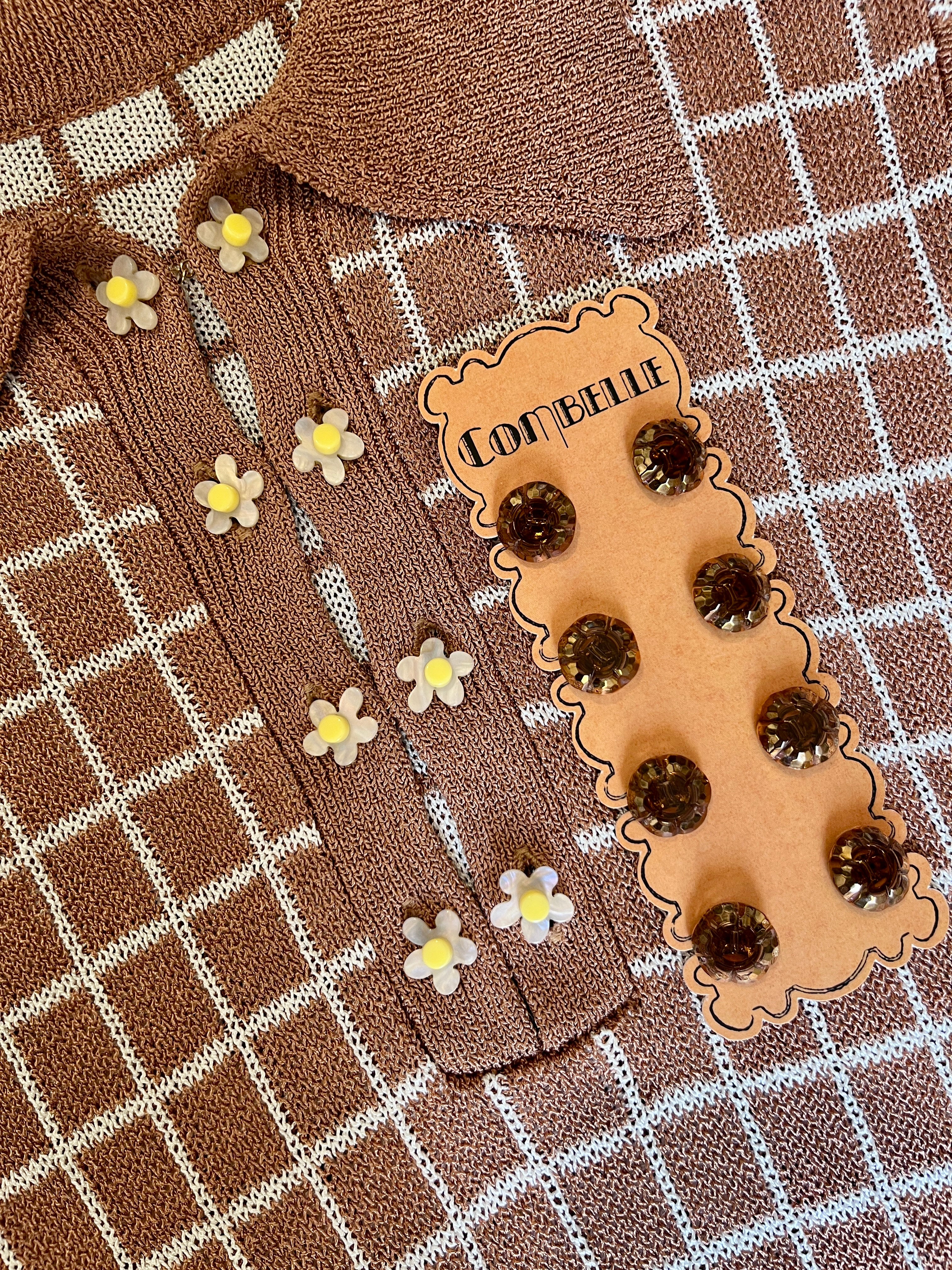 Combelle Madison Top tobacco colourway with both interchangeable button sets — daisy chain cufflink buttons for day and hand-painted artisan glass buttons for evening