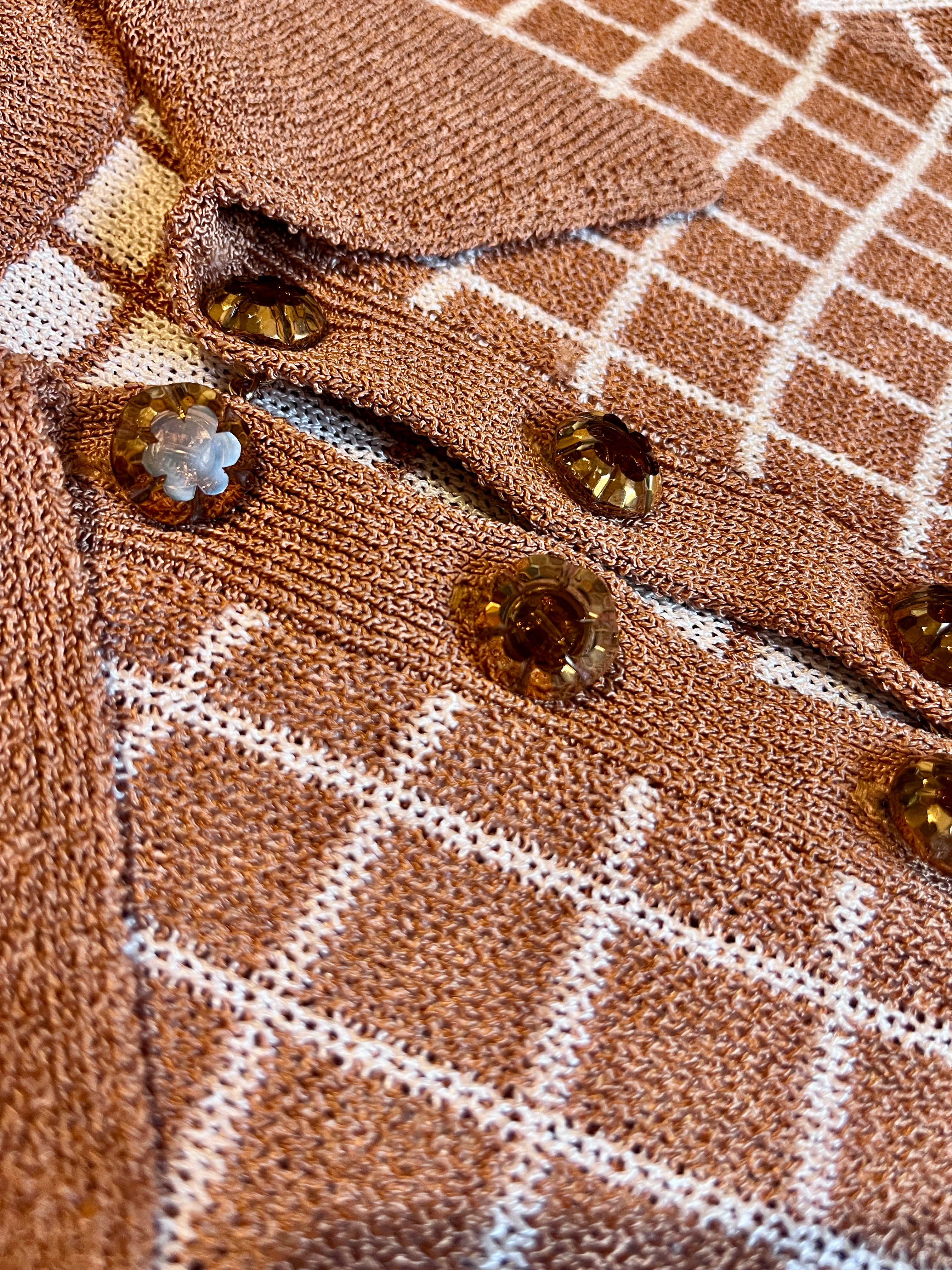 Combelle Madison Top tobacco hand-painted artisan glass evening button detail — removable cufflink-style buttons handmade in Munich with warm amber tones complementing the tobacco colourway