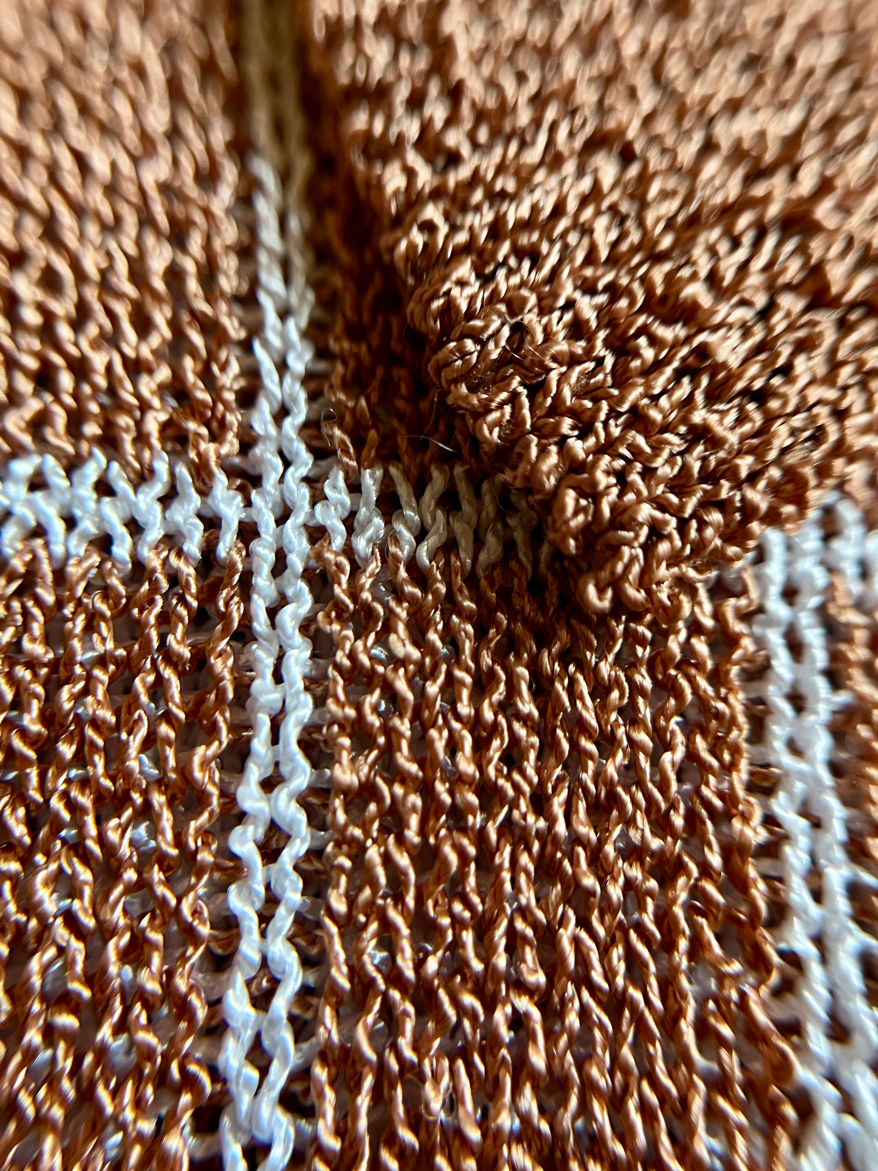 Combelle Madison Top tobacco yarn detail showing the weighty two-tone viscose check construction with solid collar and the warm sheen of the tobacco and stone fabric surface