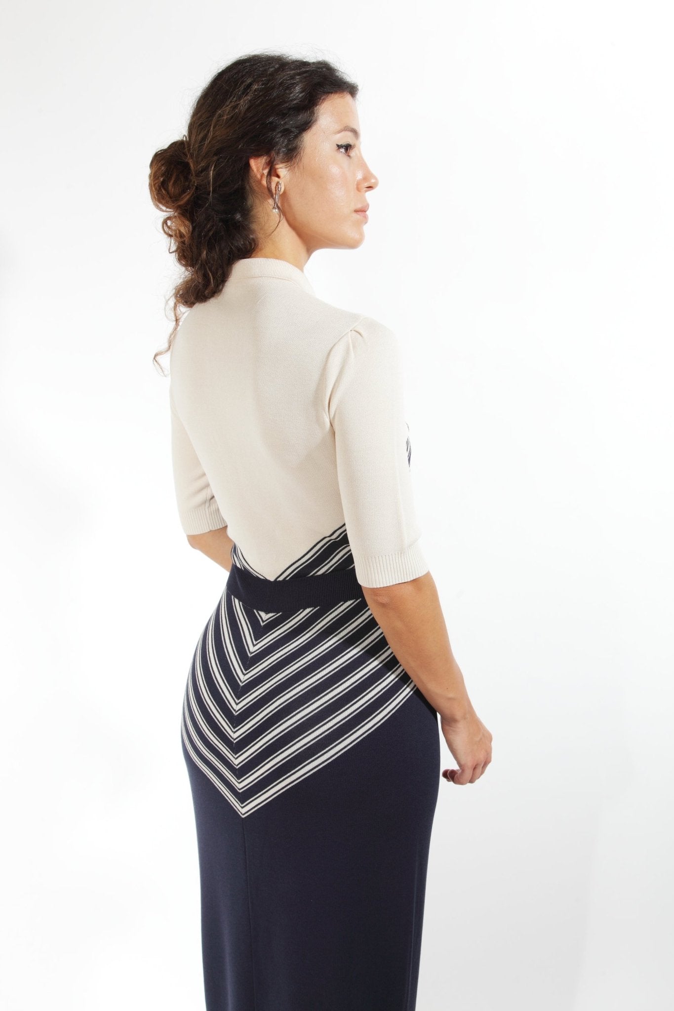 Combelle Colbert Dress back upper body detail showing chevron stripe pattern meeting at the centre back