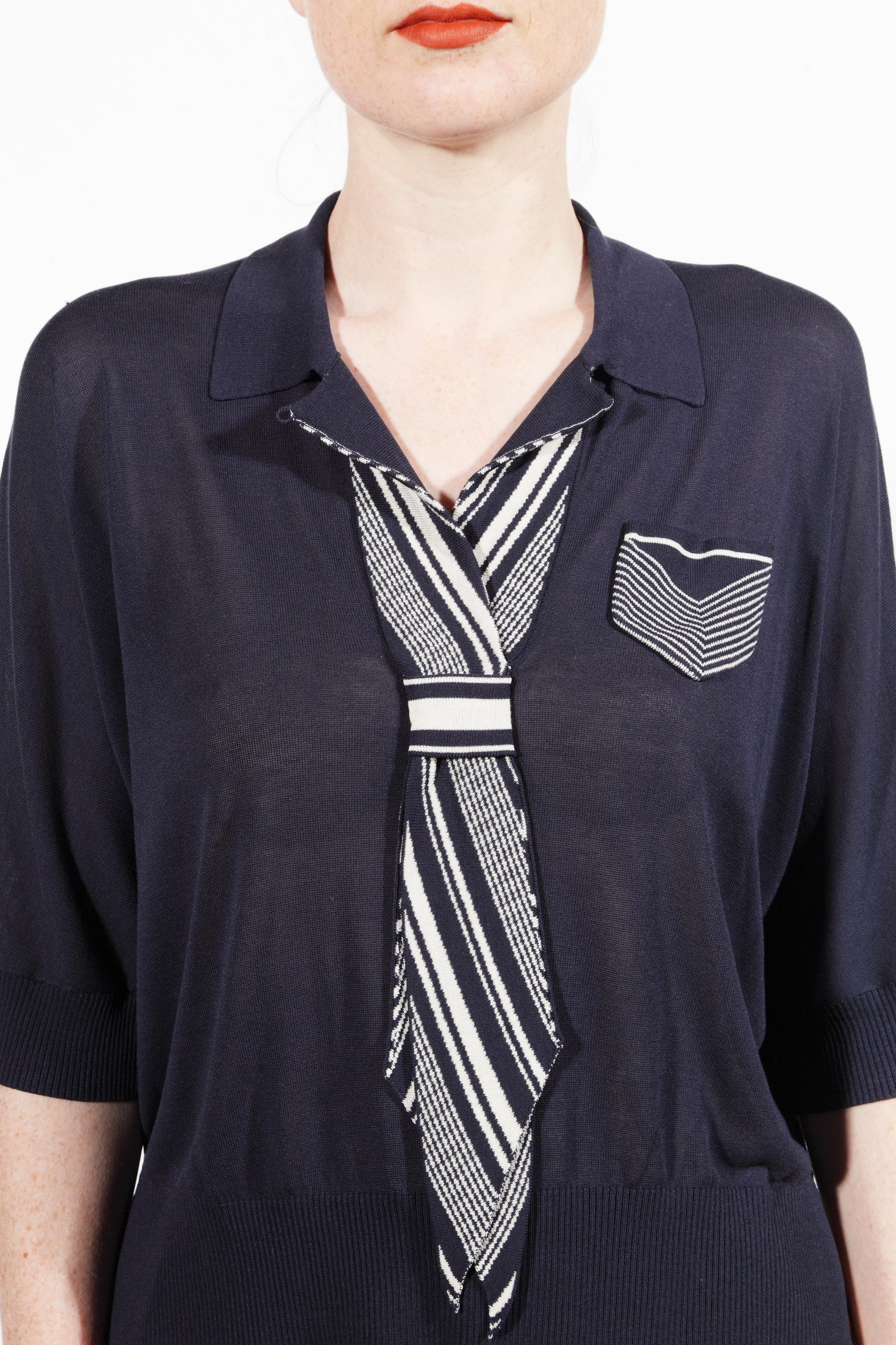 Combelle Eton Blouse navy front body view with face cropped, showing tie detail and pocket on superfine knit