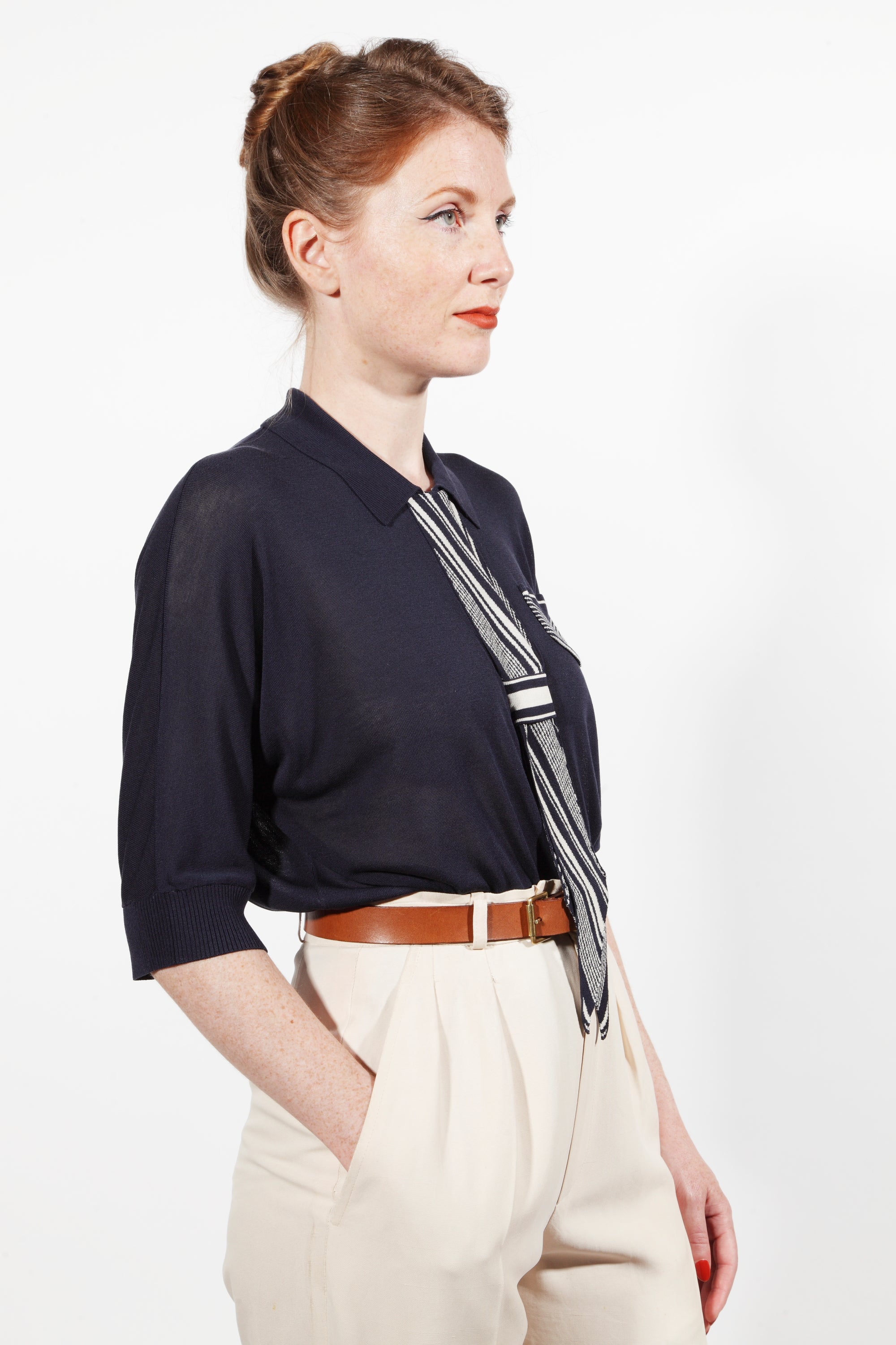 Combelle Eton Blouse navy front upper body showing tie detail and belt