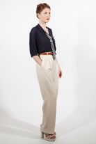 Combelle Eton Blouse navy full-length side three-quarter view with cream trousers