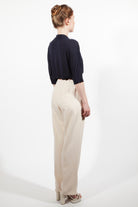 Combelle Eton Blouse navy full-length three-quarter back view with cream trousers