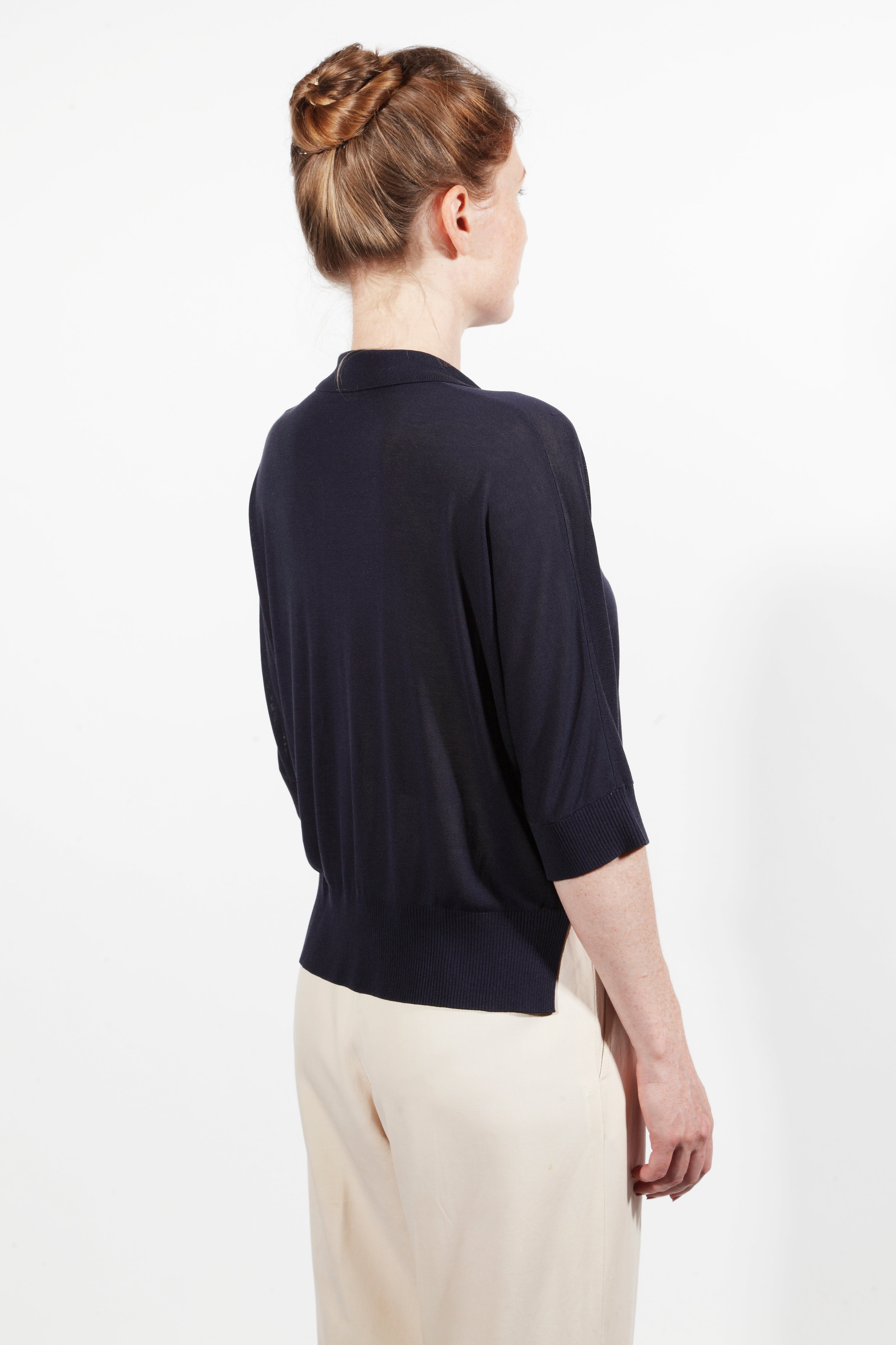 Combelle Eton Blouse navy upper back at three-quarter angle