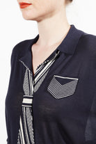 Combelle Eton Blouse navy upper body three-quarter view showing tie detail at neckline