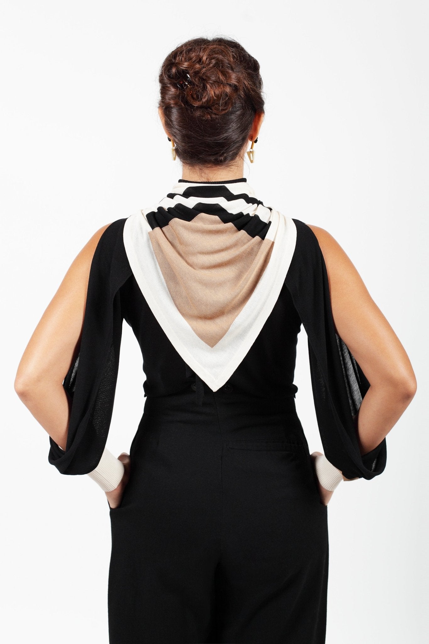 Combelle Elsa Top in black with Frida Foulard, back view showing the foulard draping against the back with the shoulders exposed