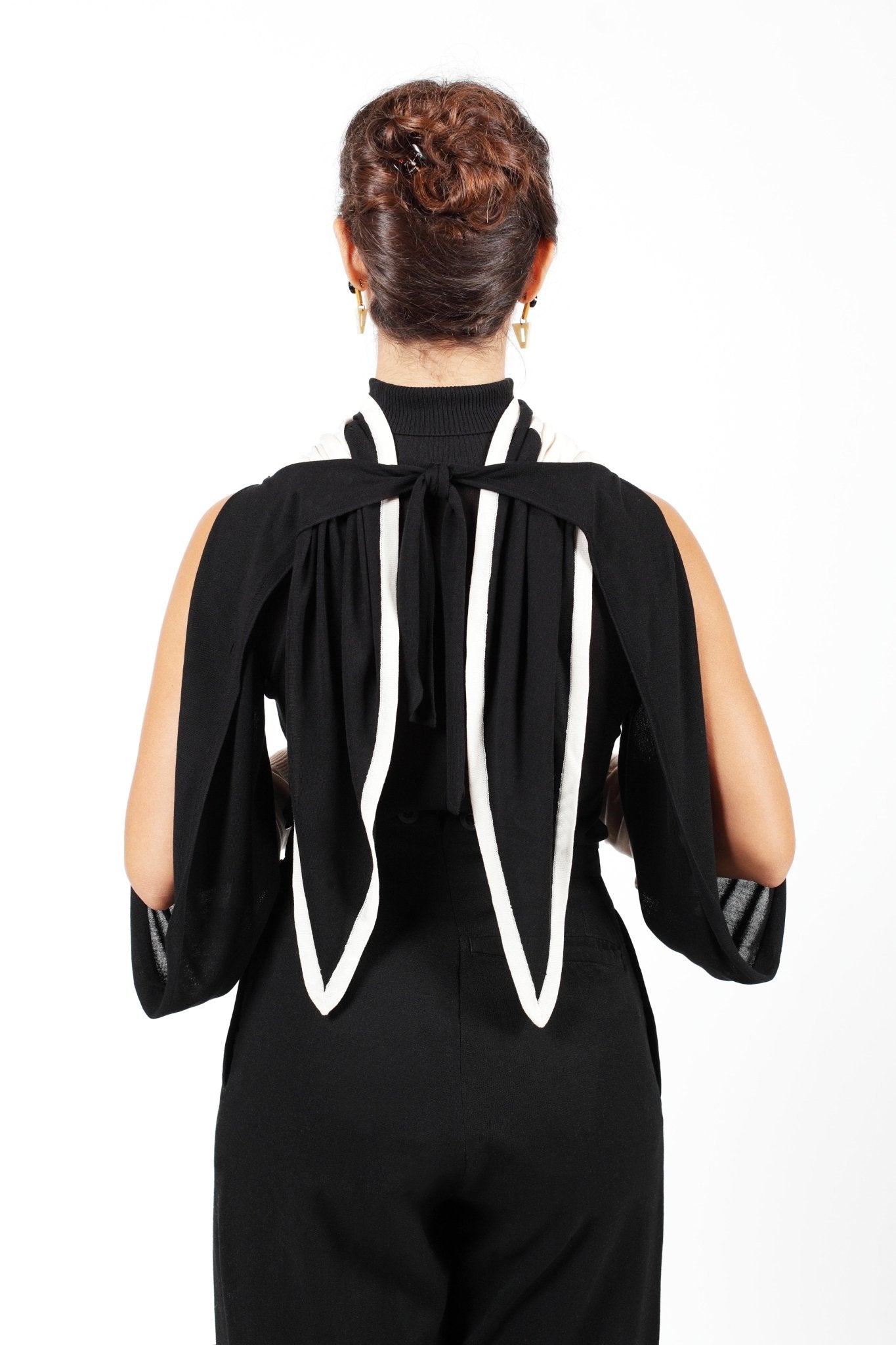 Combelle Elsa Top in black, combined with the Frida foulard rear view showing the dramatic open sleeve construction and collar ties arranged for evening styling