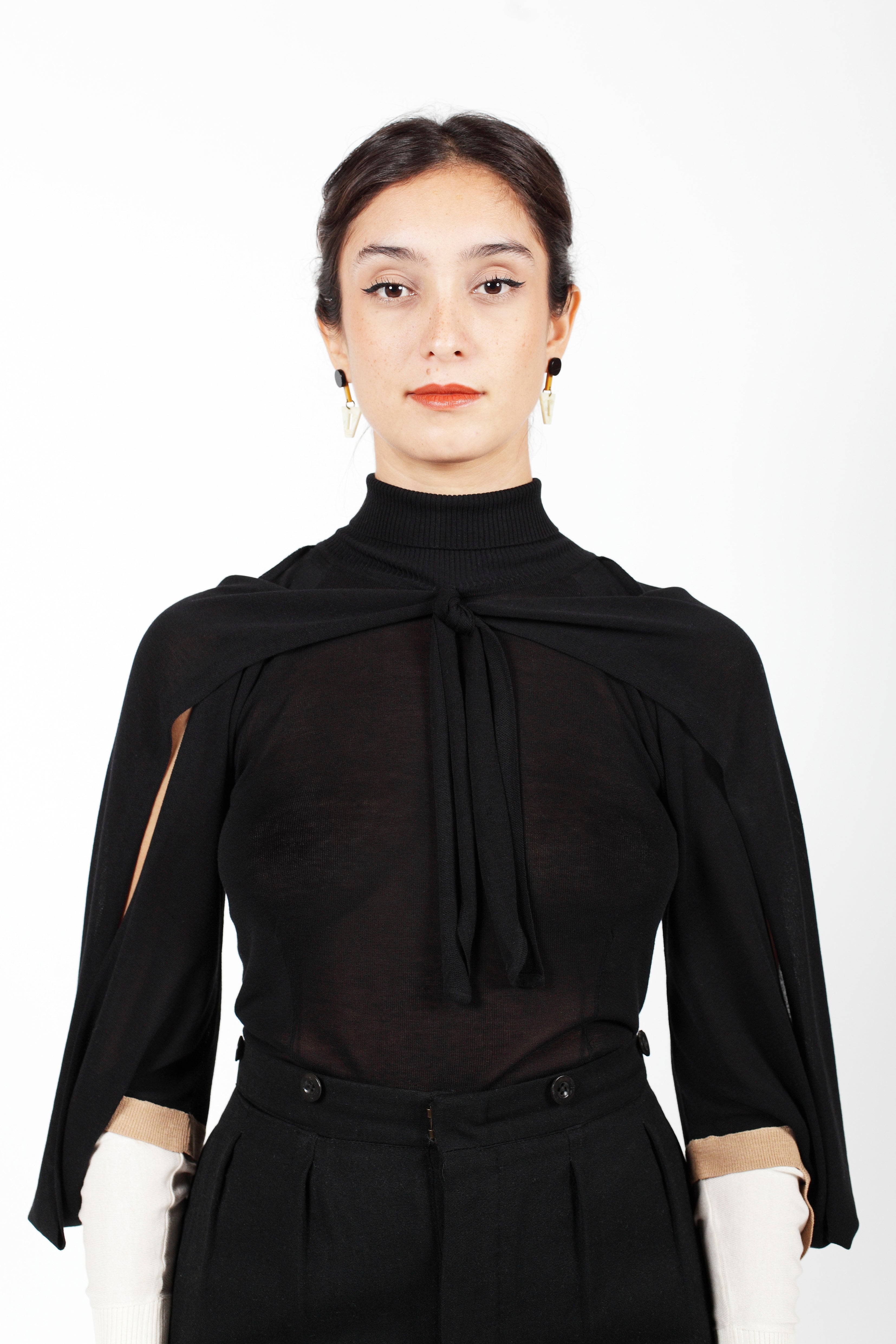 Combelle Elsa Top rabbit ear collar ties detail showing the day-to-evening styling versatility of the neckline