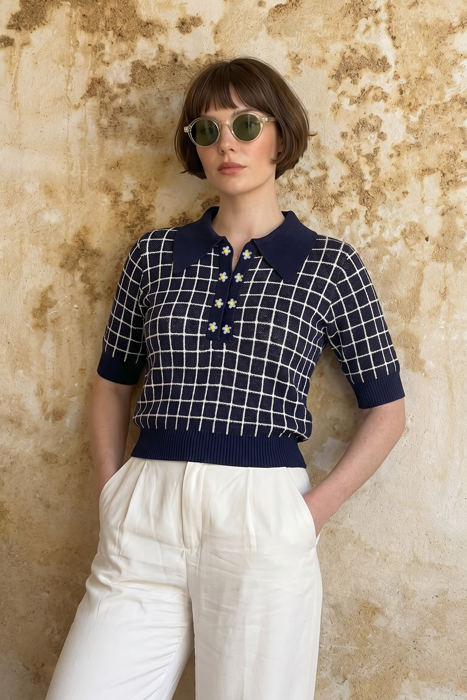 Combelle Madison Top in navy, three-quarter front lifestyle shot against a warm stone wall showing the relaxed authority of the silhouette