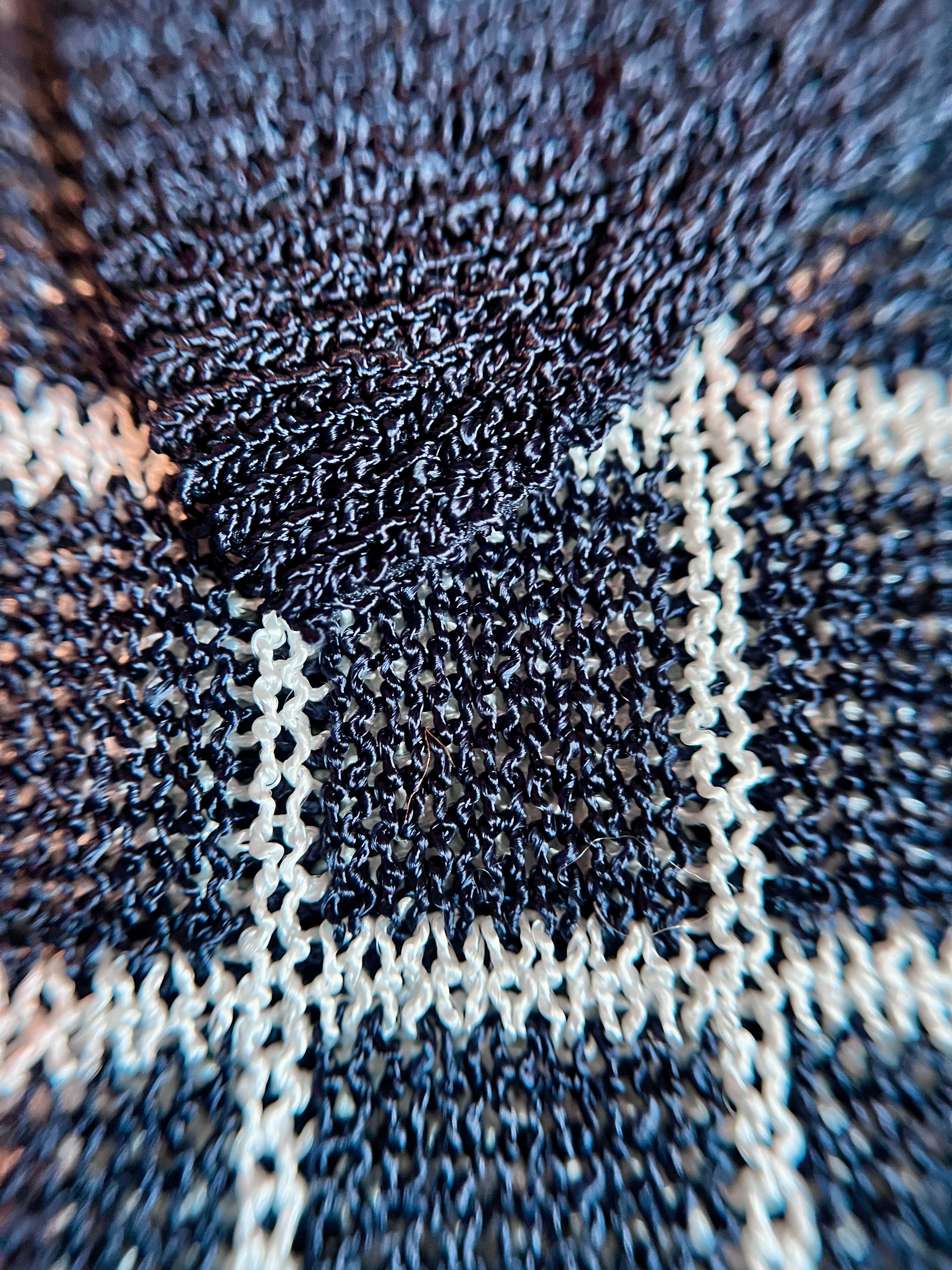 Combelle Madison Top navy yarn detail showing the weighty two-tone viscose check construction with solid collar and the subtle sheen of the fabric surface