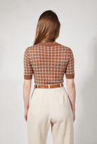 Combelle Madison Top in tobacco, full length back view showing the check pattern and fitted boxy cut with tan belt detail