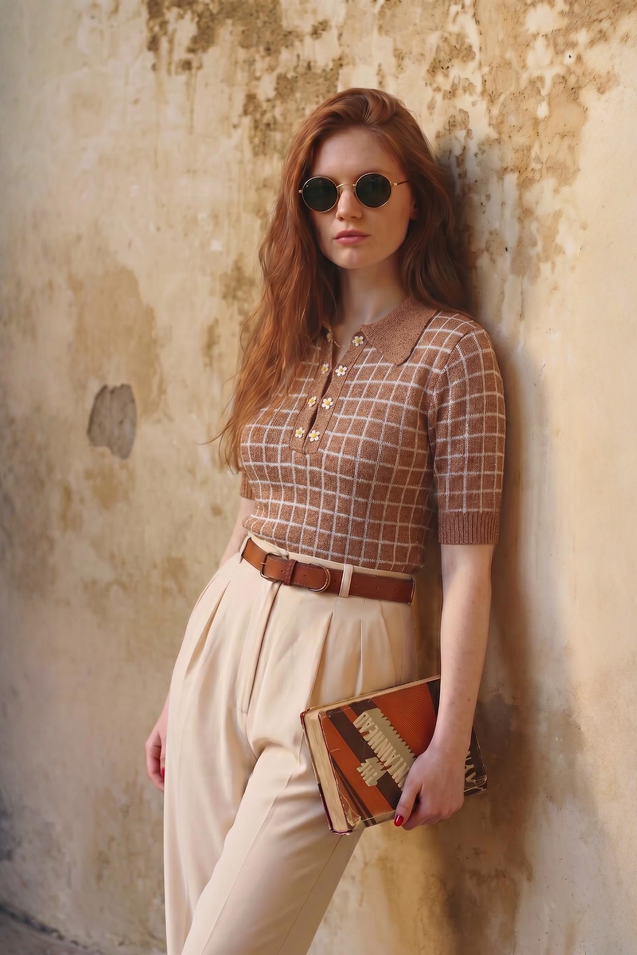 Combelle Madison Top in tobacco, three-quarter front lifestyle shot against a warm stone wall showing the relaxed literary authority of the silhouette